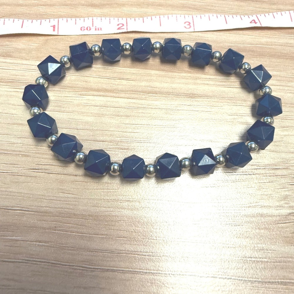 Navy Blue Faceted Geometric Bead Stretch Bracelet Silver Tone Spacers 7‎ Inch